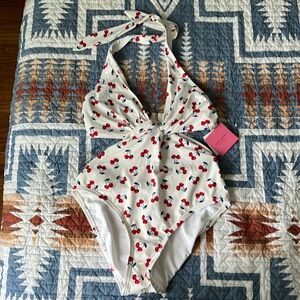 Kate Spade halter top one piece with cute cherries, size medium